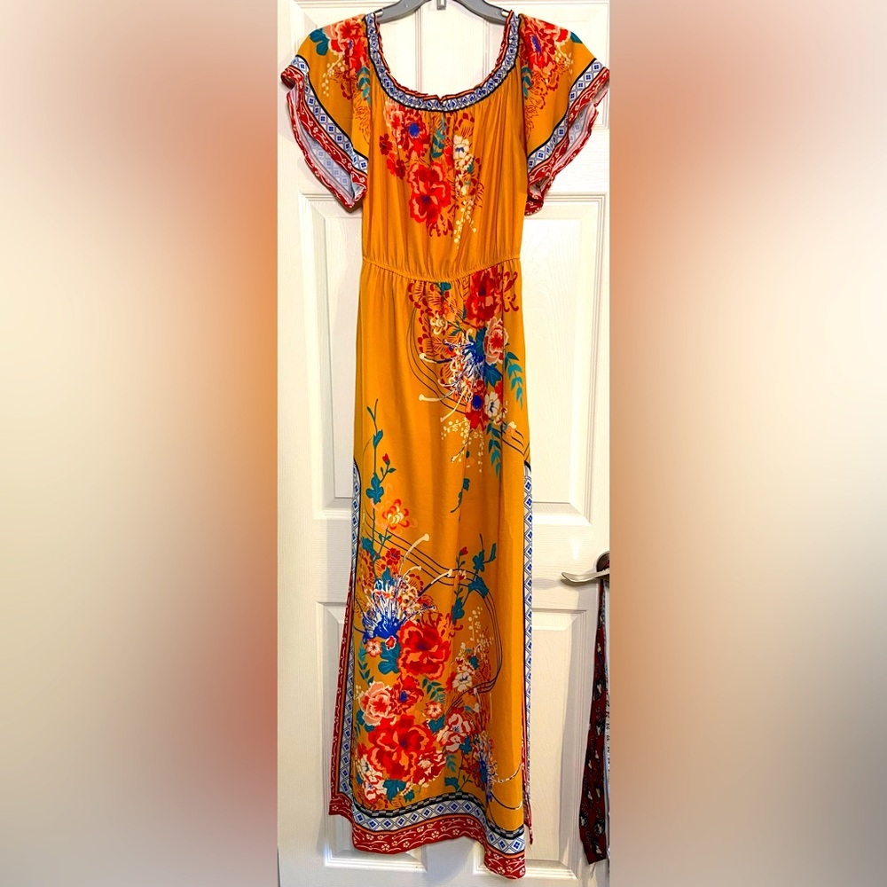 Flying Tomato Yellow and Red Off Shoulder Maxi Dress Size Medium - Picture 2 of 3